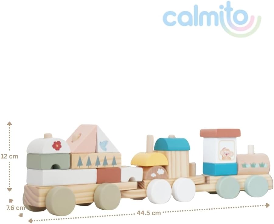 Tren de Madera Montessori con Bloques (18 Piezas) | Juguete de Construcción para Niños 18 Meses+ | Desarrollo Creativo y Coordinación Marca: Calmito