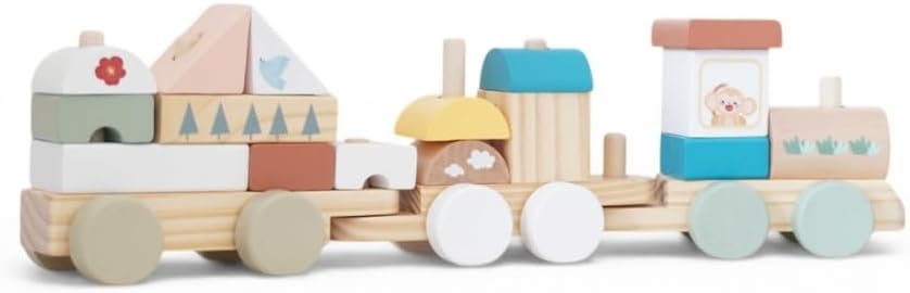 Tren de Madera Montessori con Bloques (18 Piezas) | Juguete de Construcción para Niños 18 Meses+ | Desarrollo Creativo y Coordinación Marca: Calmito