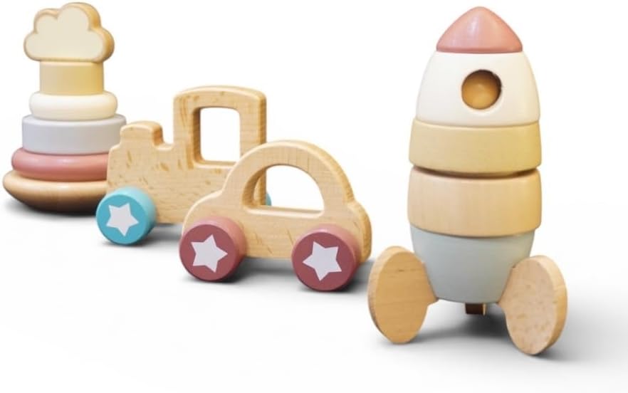 Set de Bloques y Vehículos Montessori 4 en 1 de Madera | Juguete de Construcción para Bebés 10 Meses+ | Desarrollo Creativo, Motricidad y Coordinación