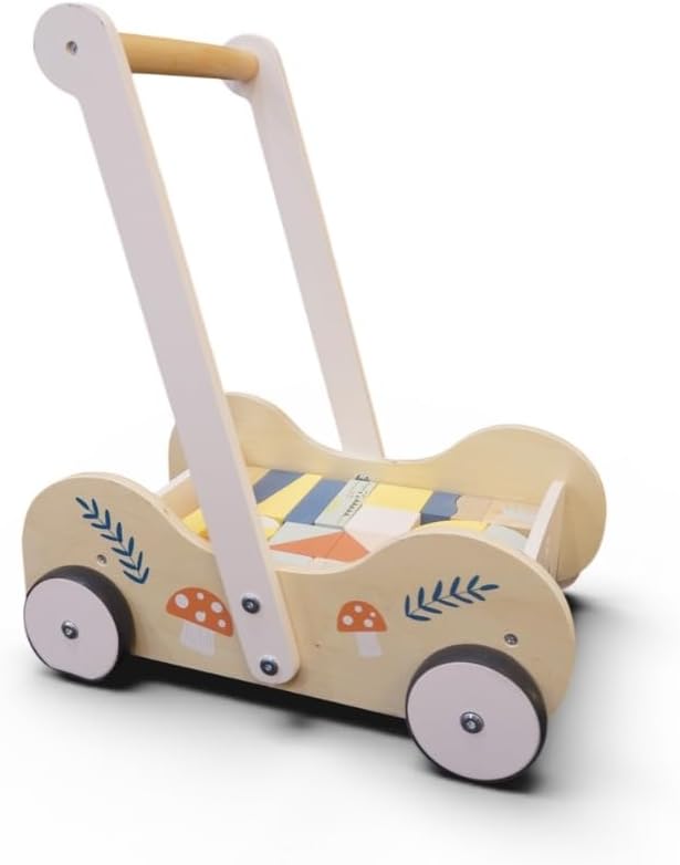 Andadera Montessori para Bebé con Bloques de Construcción (31 Piezas) | Caminadora de Madera 6-12 Meses | Juguete Educativo para Desarrollo Motor y Creativo