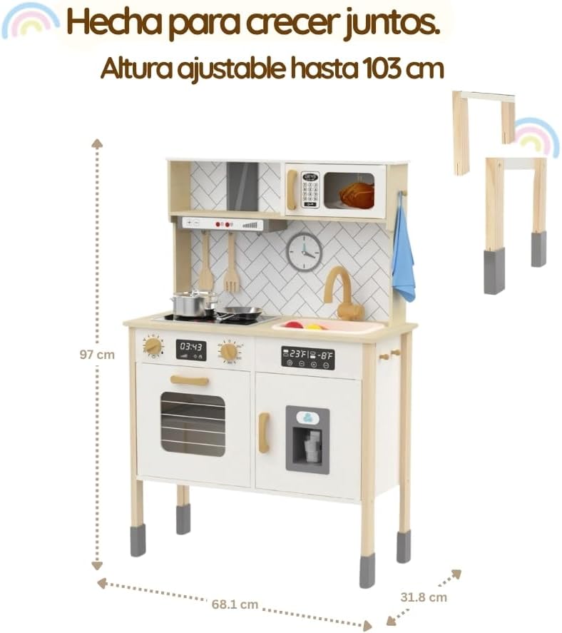 Calmito Cocina de Juguete Montessori de Madera para Niños 3+ | Set de Cocina Infantil con 22 Accesorios | Juego de rol Educativo y Creativo