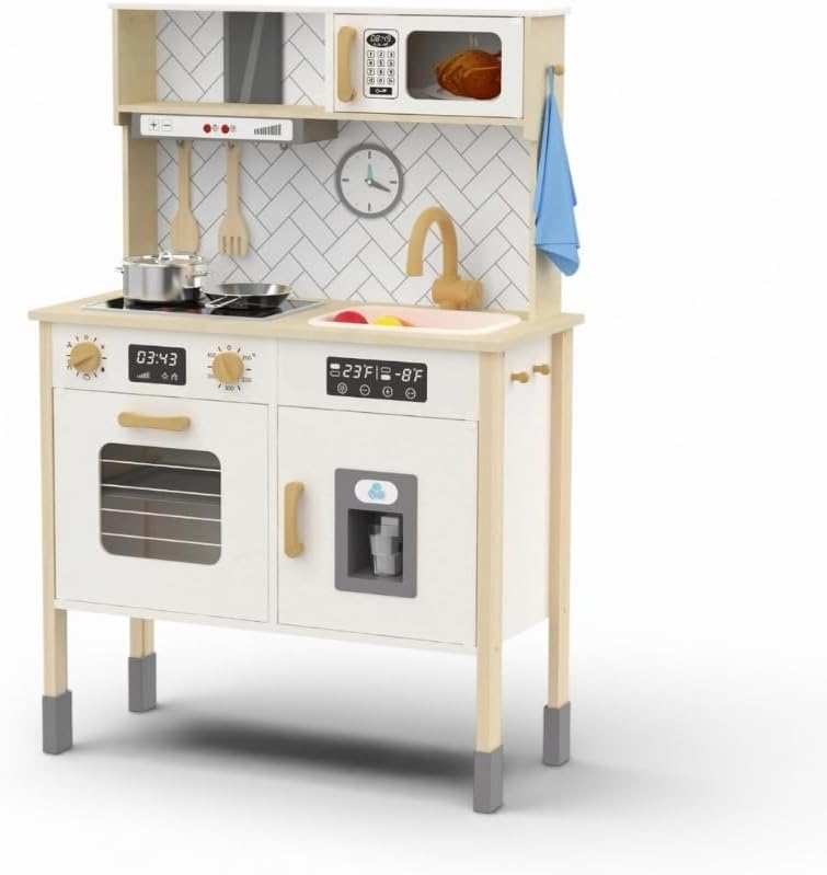 Calmito Cocina de Juguete Montessori de Madera para Niños 3+ | Set de Cocina Infantil con 22 Accesorios | Juego de rol Educativo y Creativo