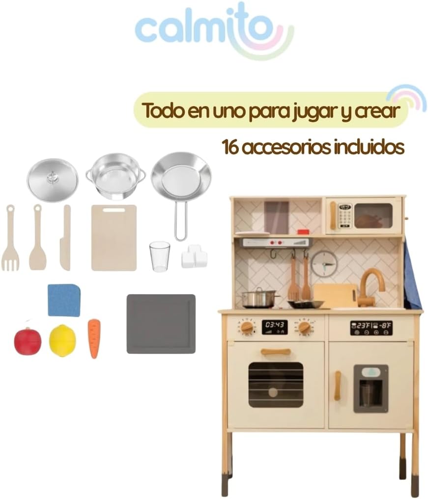 Calmito Cocina de Juguete Montessori de Madera para Niños 3+ | Set de Cocina Infantil con 22 Accesorios | Juego de rol Educativo y Creativo