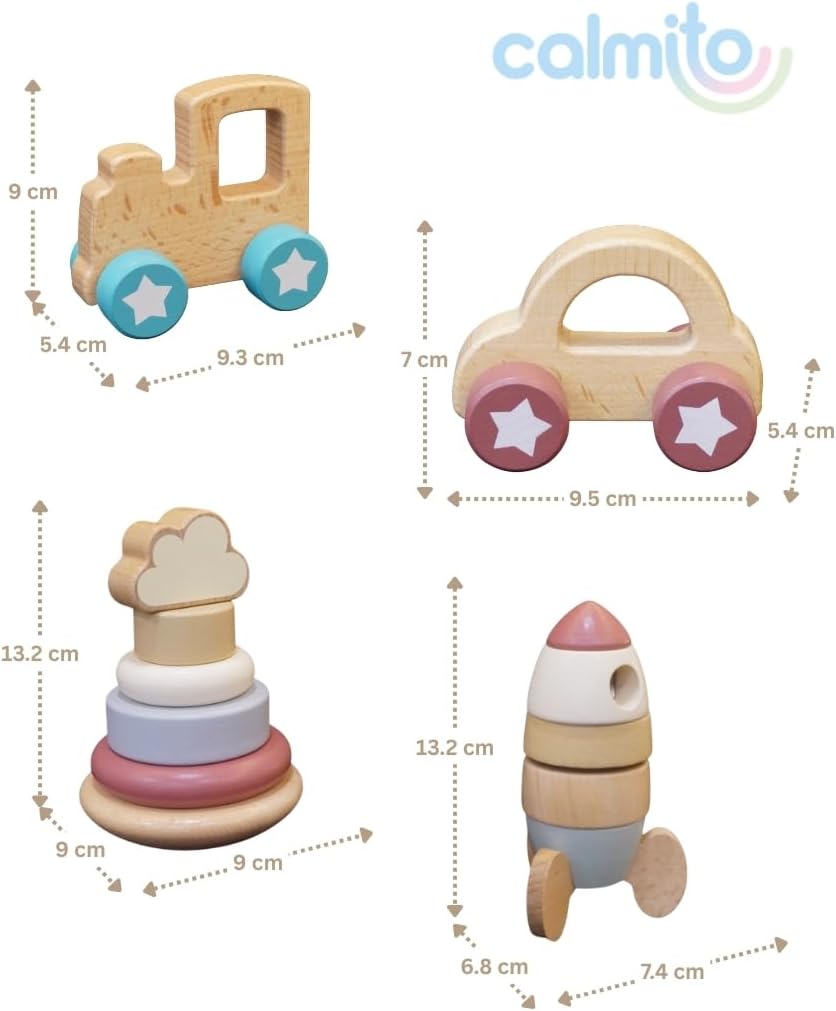 Set de Bloques y Vehículos Montessori 4 en 1 de Madera | Juguete de Construcción para Bebés 10 Meses+ | Desarrollo Creativo, Motricidad y Coordinación