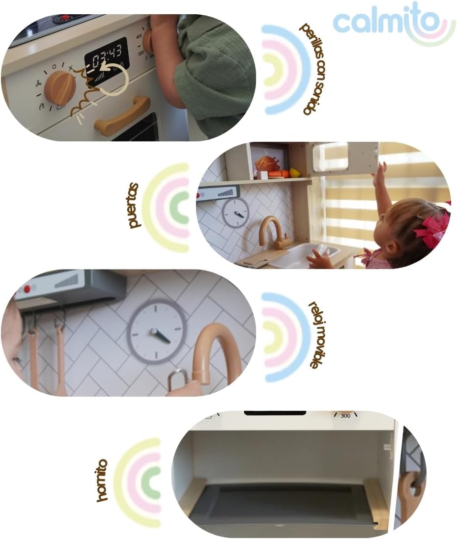 Calmito Cocina de Juguete Montessori de Madera para Niños 3+ | Set de Cocina Infantil con 22 Accesorios | Juego de rol Educativo y Creativo