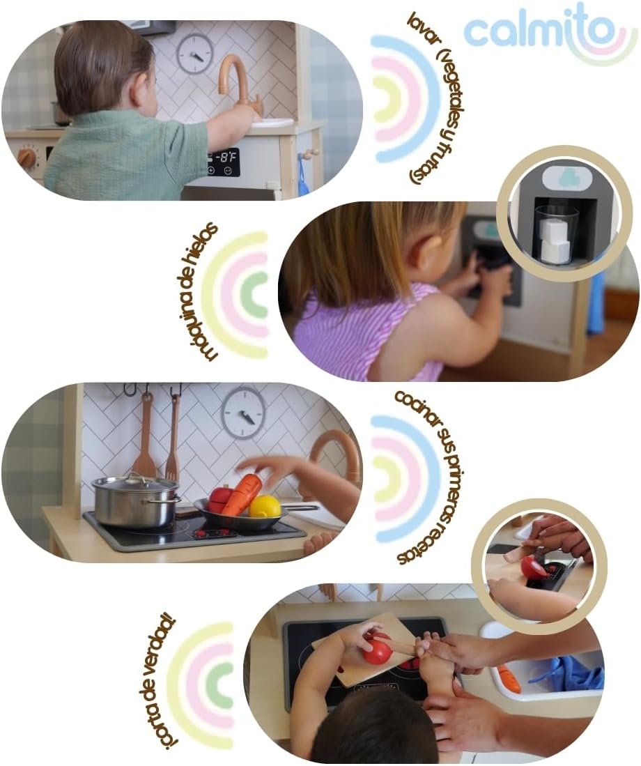 Calmito Cocina de Juguete Montessori de Madera para Niños 3+ | Set de Cocina Infantil con 22 Accesorios | Juego de rol Educativo y Creativo