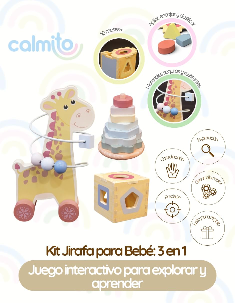 Set Montessori 3 en 1 para Bebé 10 Meses+ | Juguetes de Madera Sensoriales | Apilable, Clasificador y Coordinación Temprana