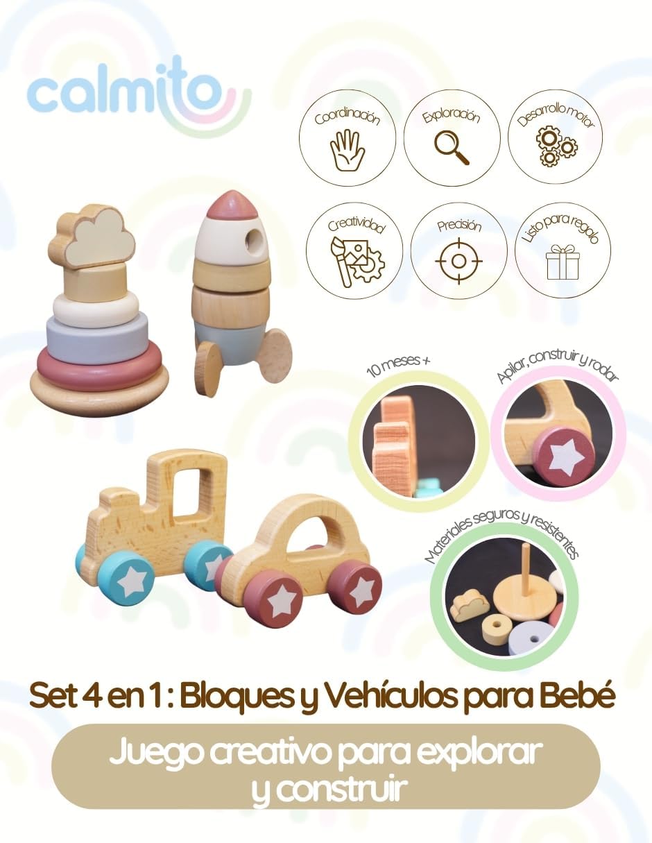 Set de Bloques y Vehículos Montessori 4 en 1 de Madera | Juguete de Construcción para Bebés 10 Meses+ | Desarrollo Creativo, Motricidad y Coordinación
