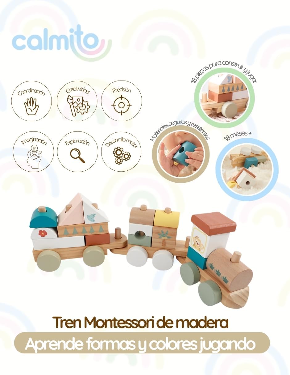 Tren de Madera Montessori con Bloques (18 Piezas) | Juguete de Construcción para Niños 18 Meses+ | Desarrollo Creativo y Coordinación Marca: Calmito