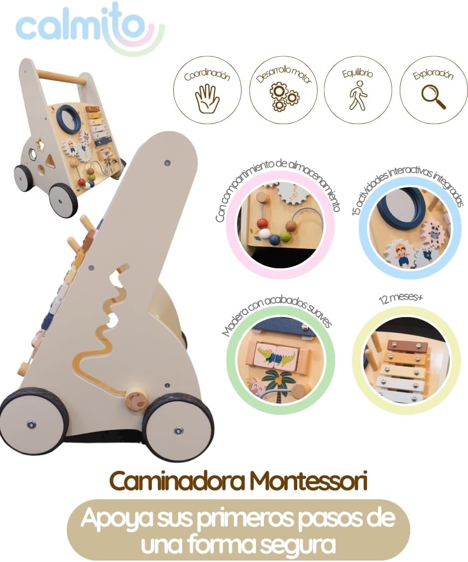 Andadera Montessori de Madera para Bebé 12 Meses+ | Caminadora con 15 Actividades Sensoriales | Juguete Educativo para Primeros Pasos y Desarrollo Motor