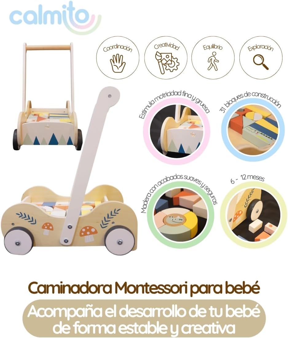 Andadera Montessori para Bebé con Bloques de Construcción (31 Piezas) | Caminadora de Madera 6-12 Meses | Juguete Educativo para Desarrollo Motor y Creativo
