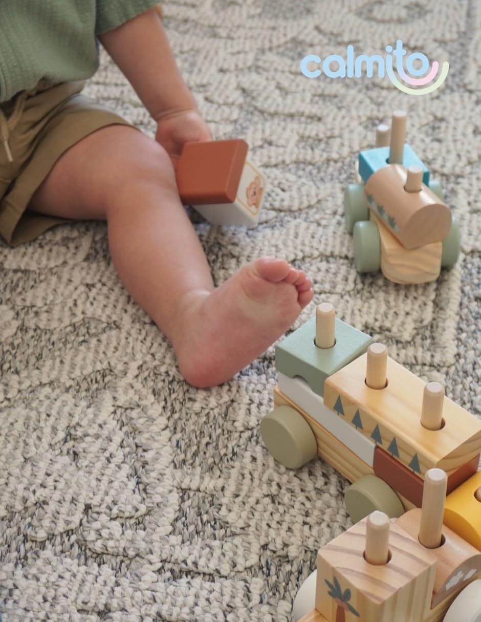 Tren de Madera Montessori con Bloques (18 Piezas) | Juguete de Construcción para Niños 18 Meses+ | Desarrollo Creativo y Coordinación Marca: Calmito