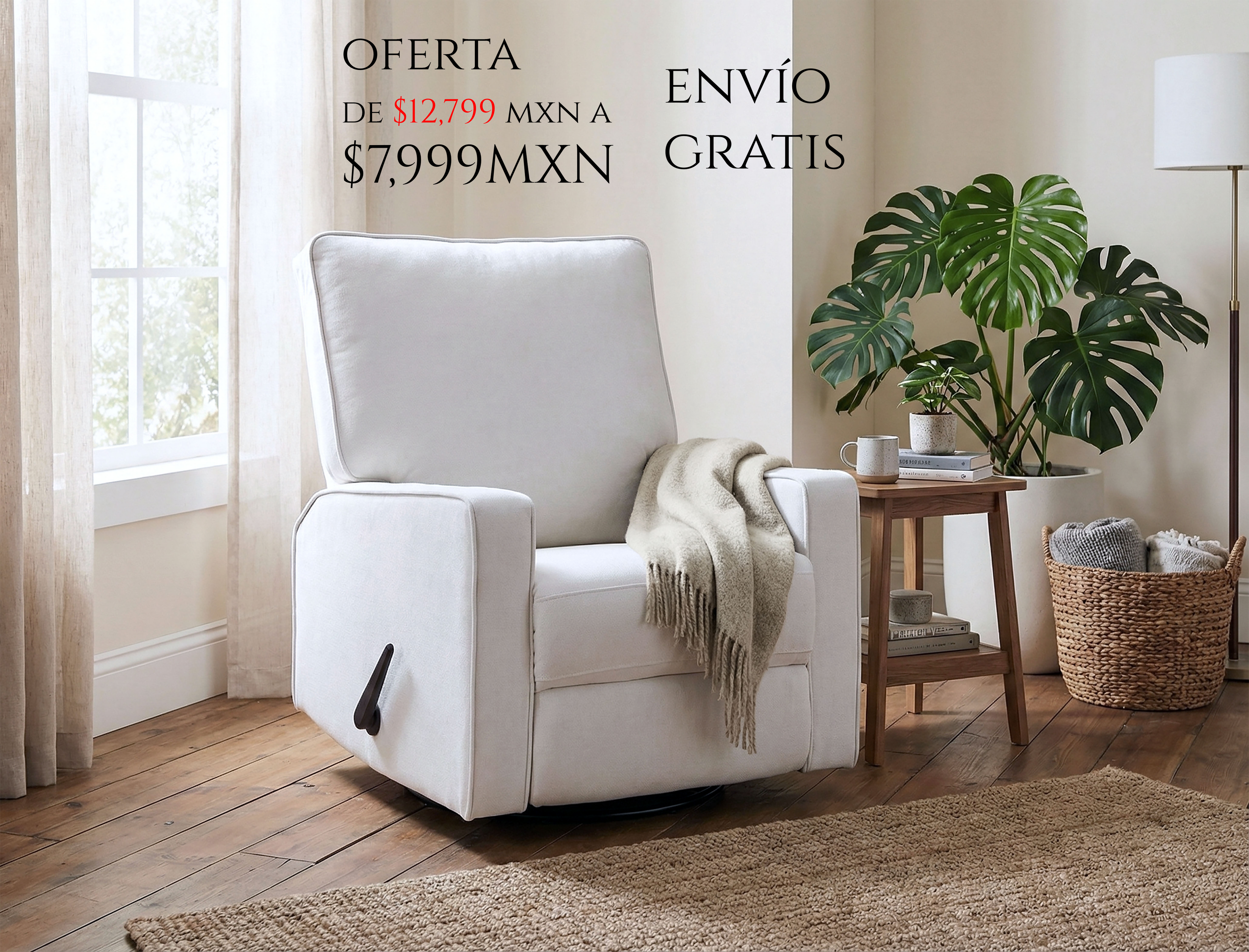 Sillón Reclinable Individual Giratorio y Mecedora de Tela | Reclinador Manual